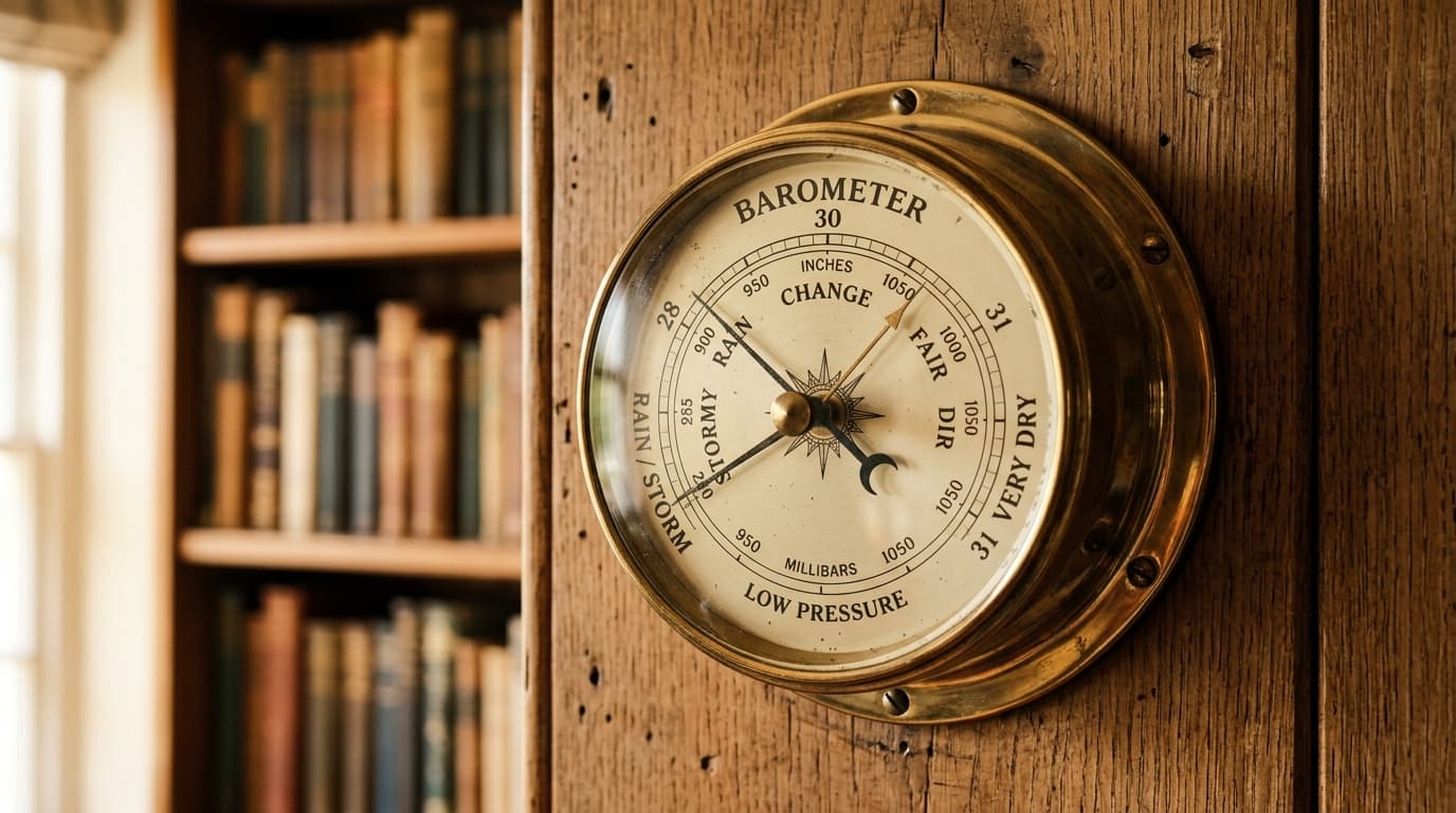 Close-up of a traditional brass barometer on a wooden wall showing low pressure reading