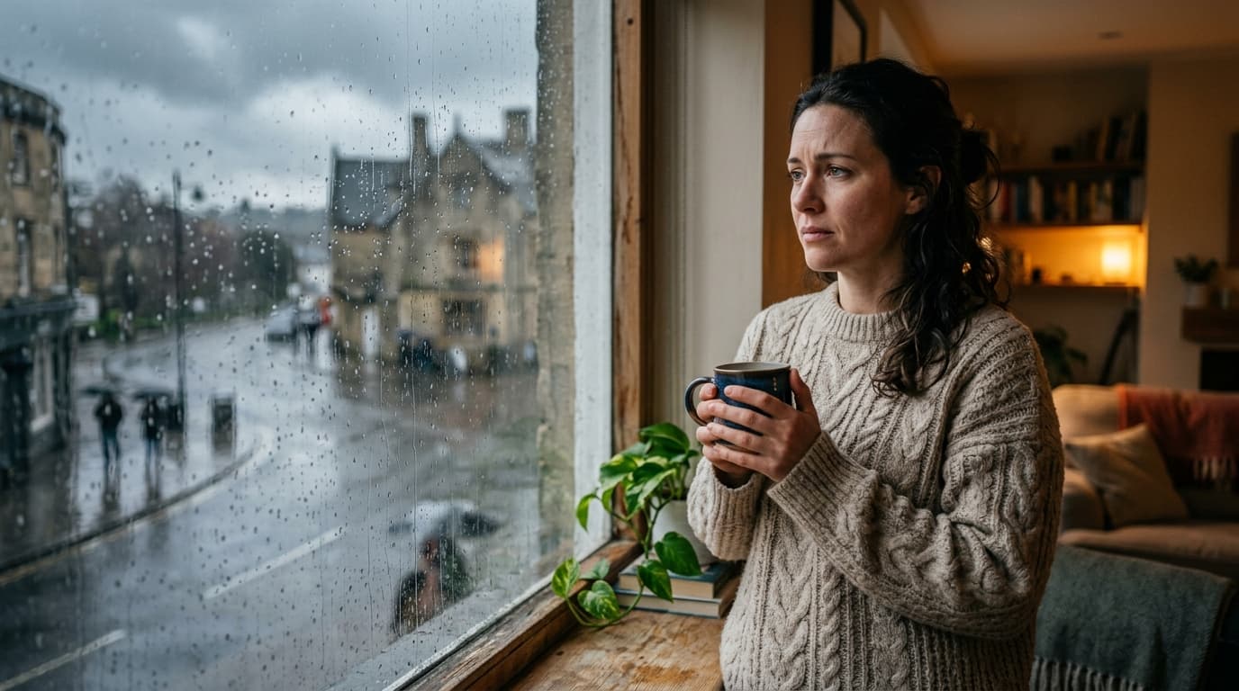 Woman standing by a rain-streaked window holding a mug of tea, looking out at overcast weather with a pained expression