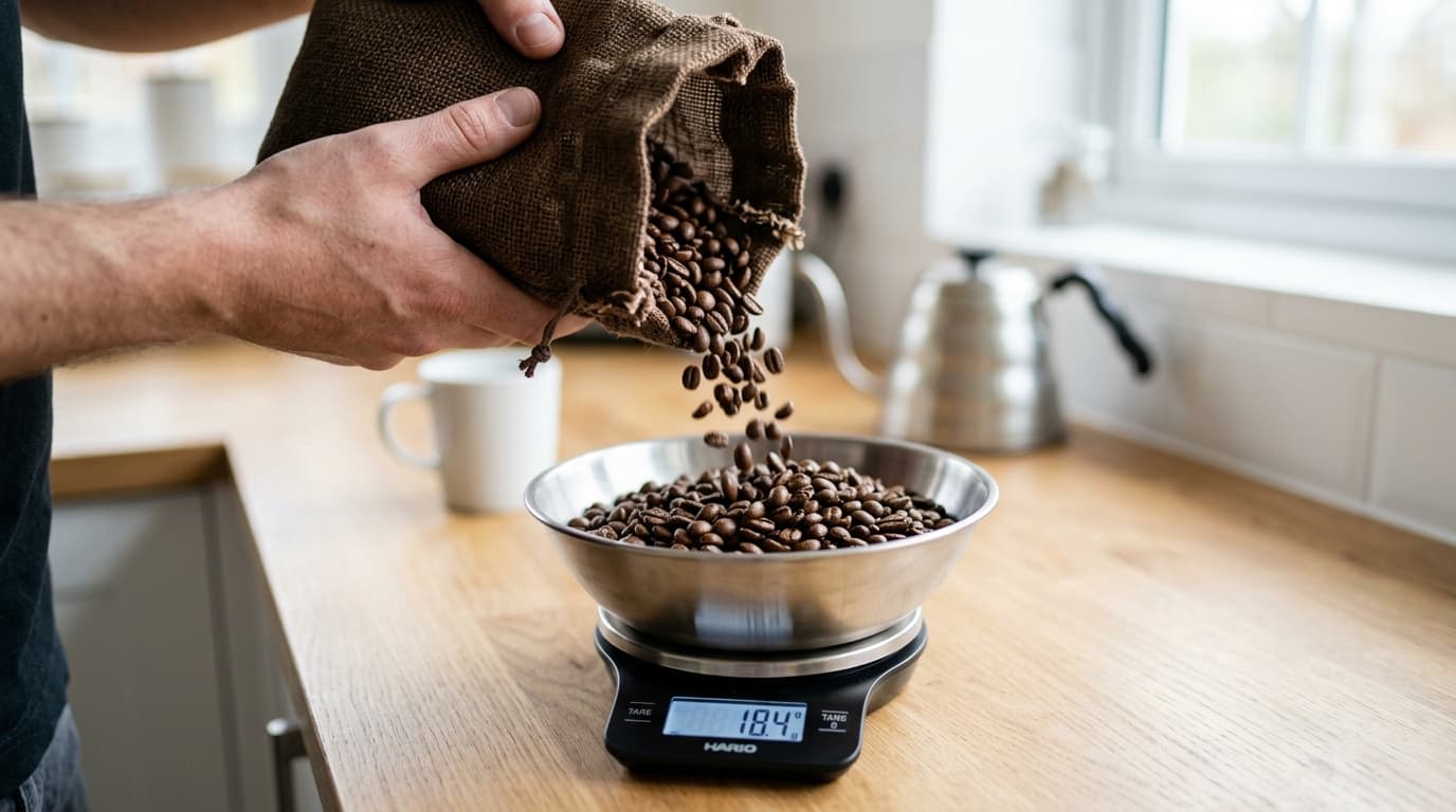 Close-up of someone pouring coffee beans into a digital kitchen scale for precise caffeine measurement
