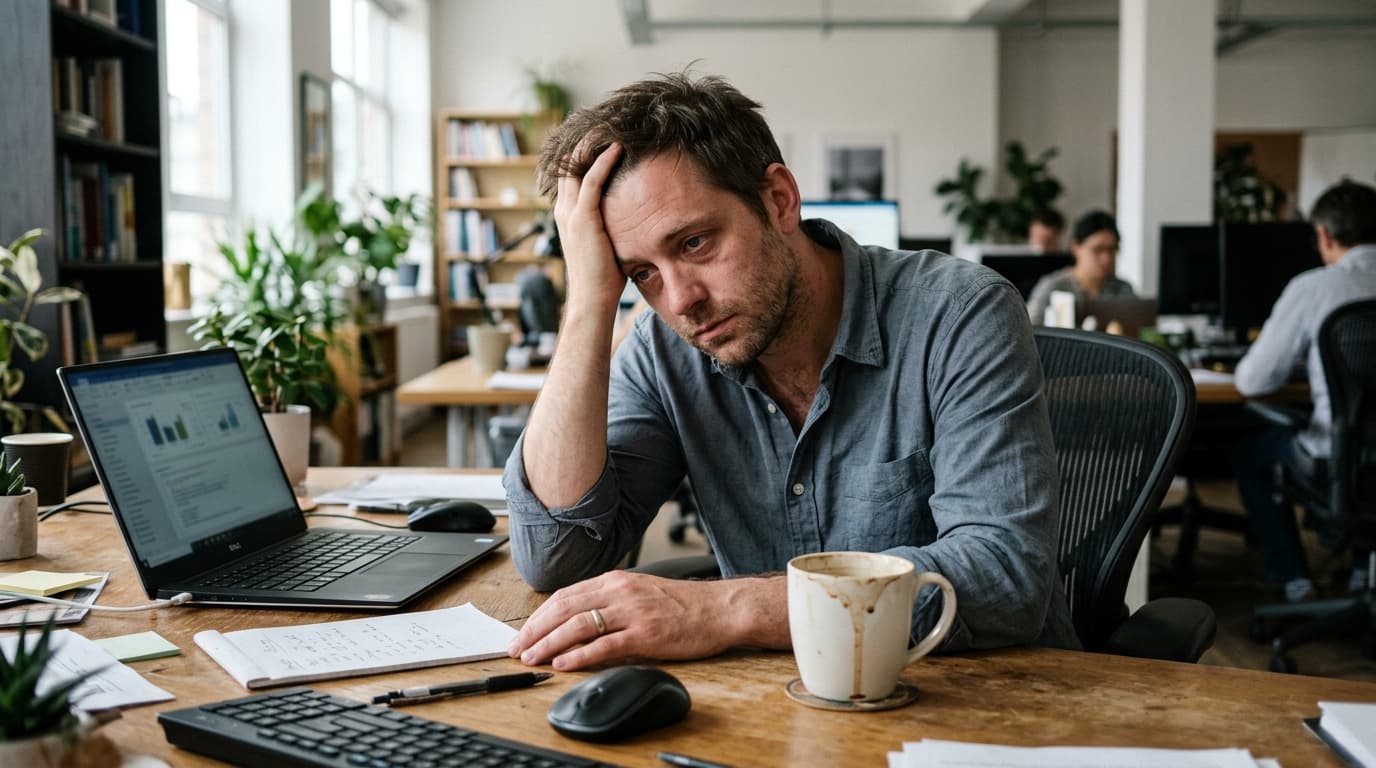 Man at his office desk resting his head on his hand looking tired, with an empty coffee mug on the desk