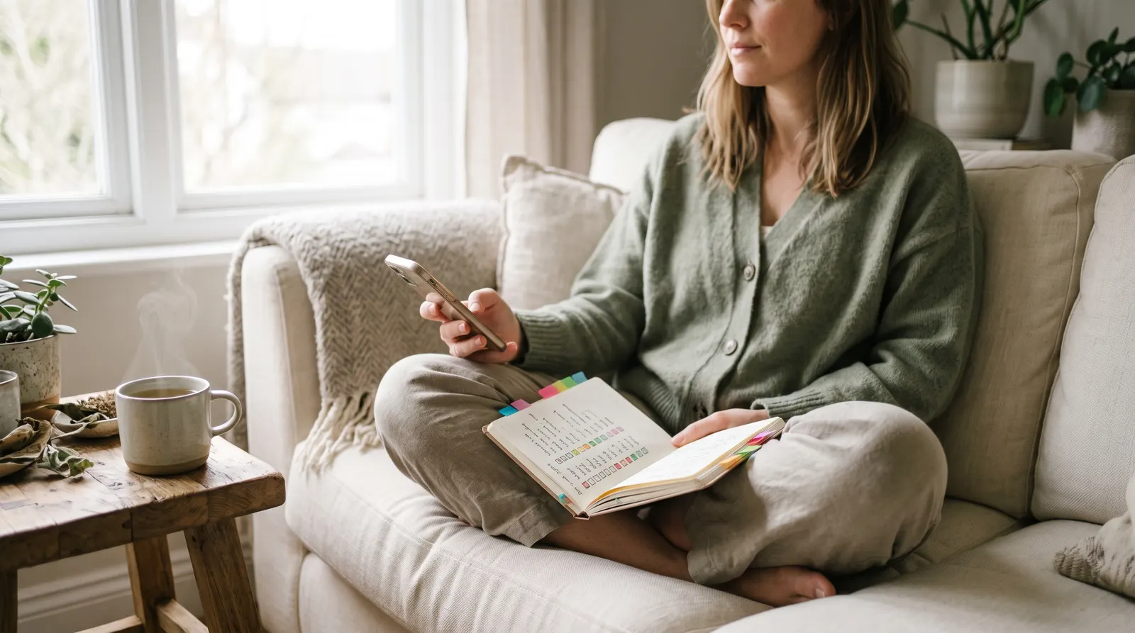 Eine Frau auf einem cremefarbenen Sofa mit Handy in der Hand, auf ihrem Knie liegt ein aufgeschlagenes, farbig markiertes Notizbuch