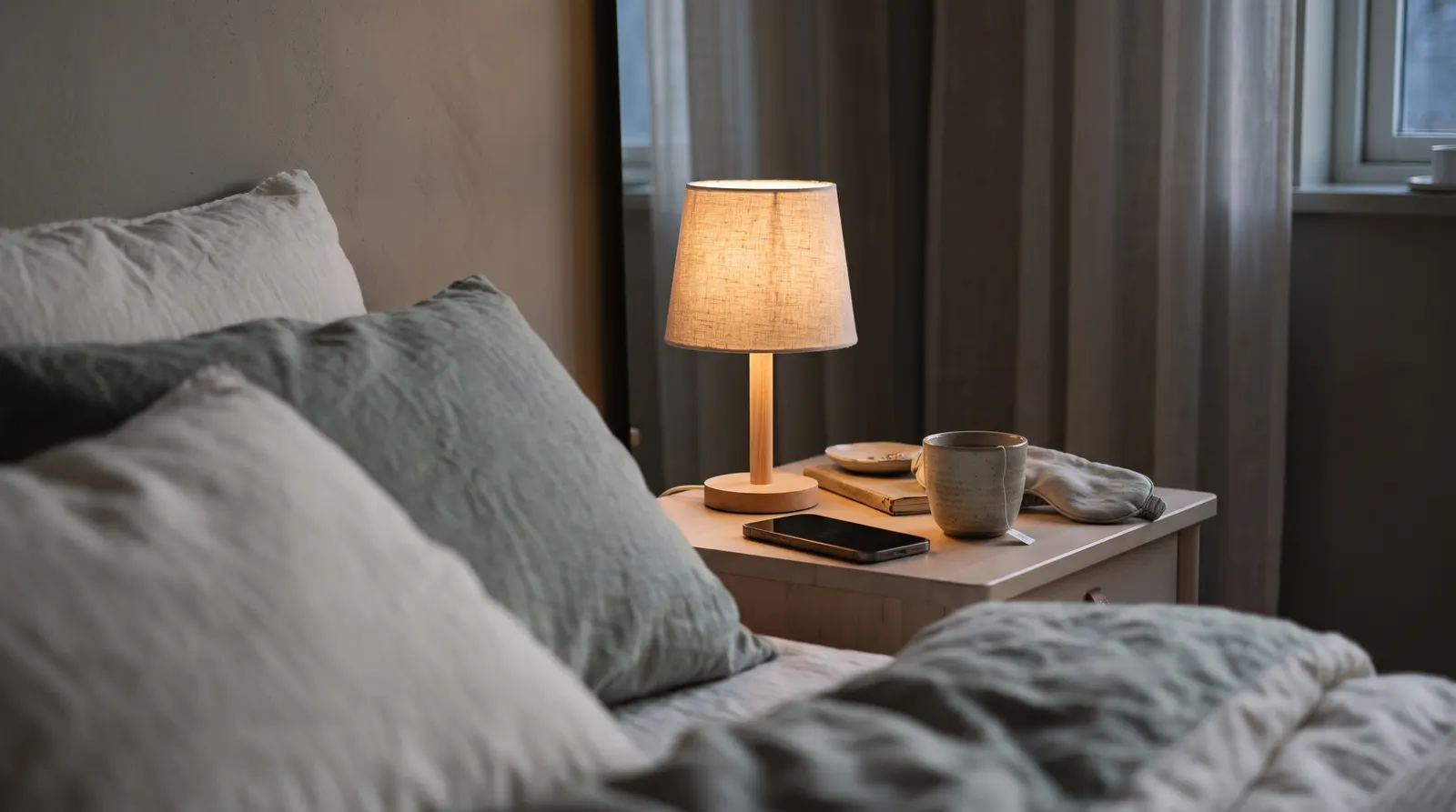 Nachttisch am Abend mit gedimmter Leinenlampe, einem umgedrehten Smartphone, einer Keramiktasse und graugrüner Bettwäsche im Vordergrund
