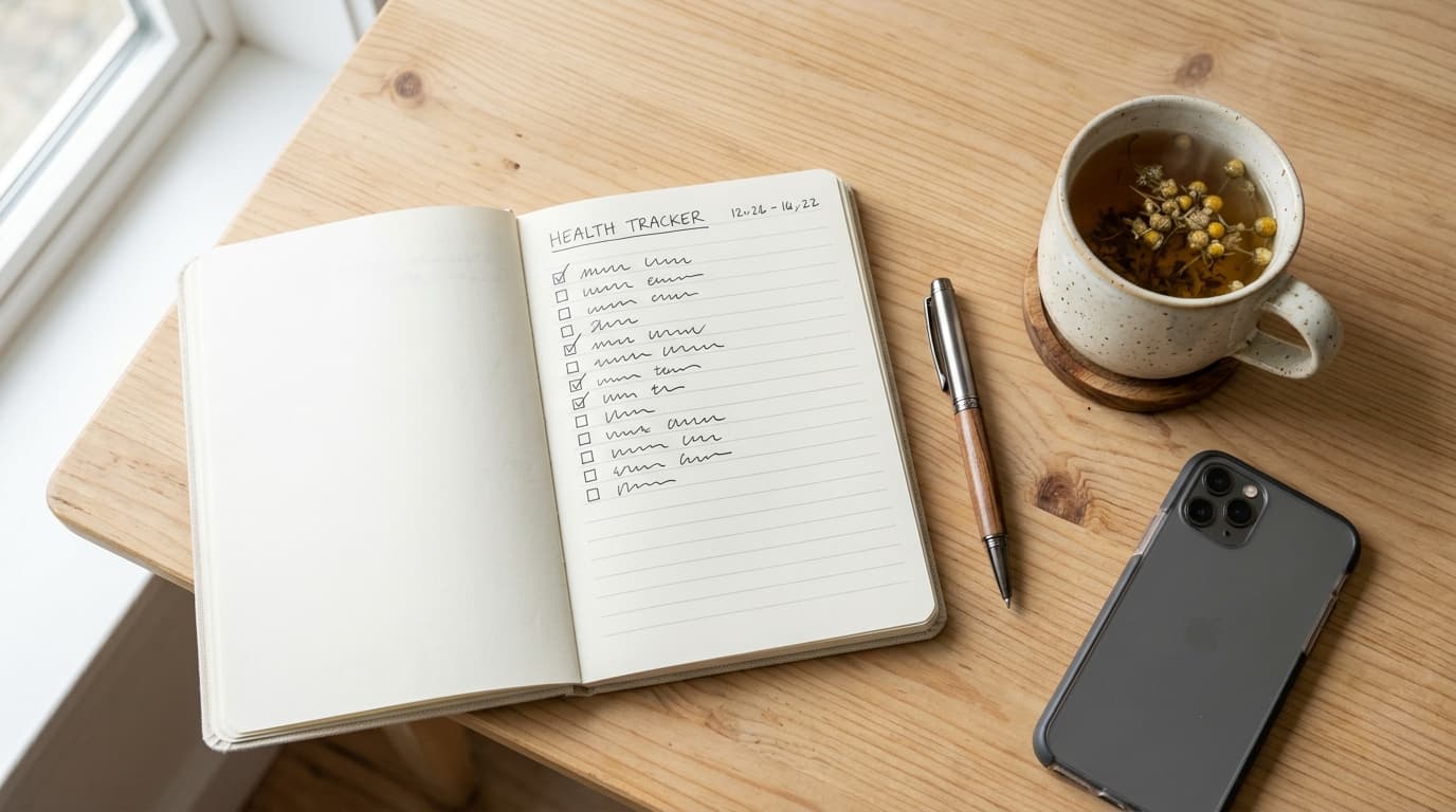 Flat lay of a notebook with a checklist, pen, herbal tea, and phone on a wooden desk — tracking migraine warning signs