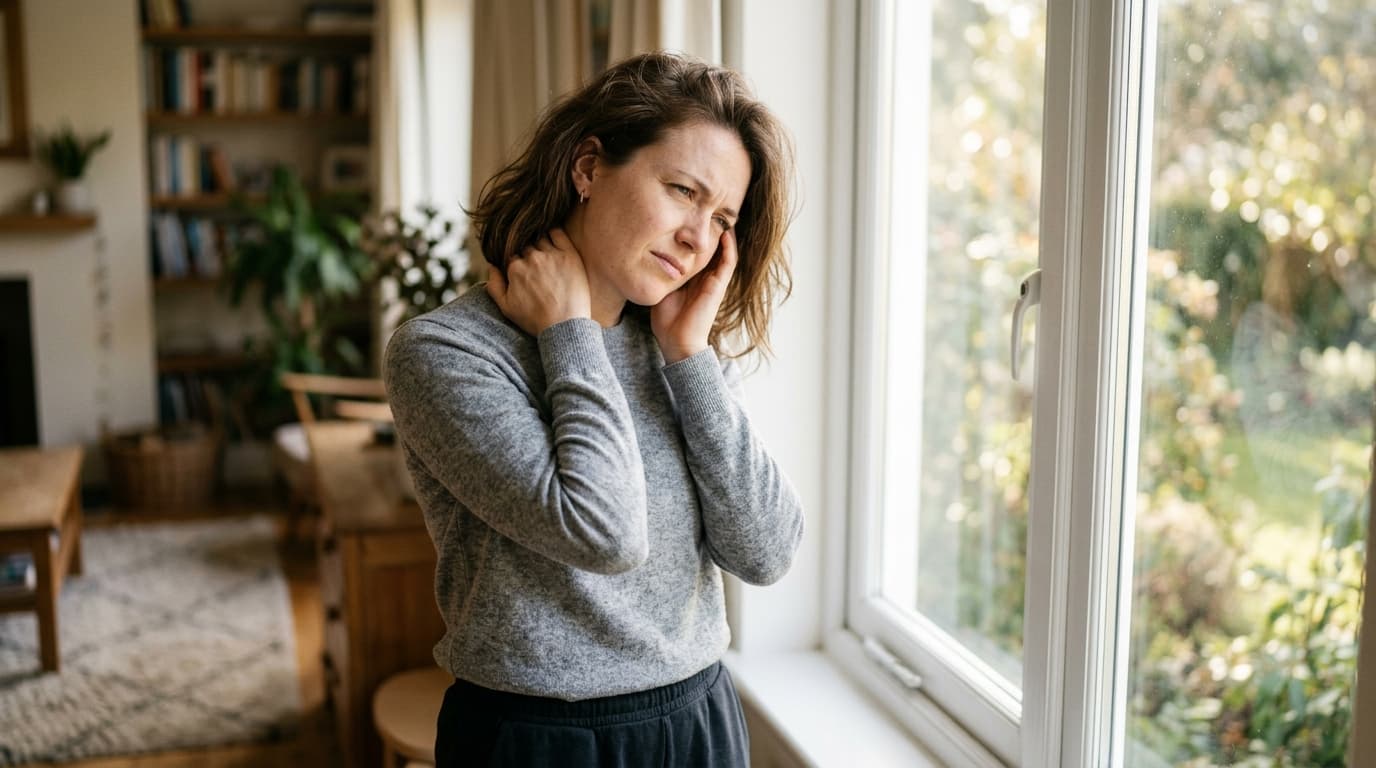 Woman rubbing her neck near a bright window, experiencing the early onset of migraine discomfort