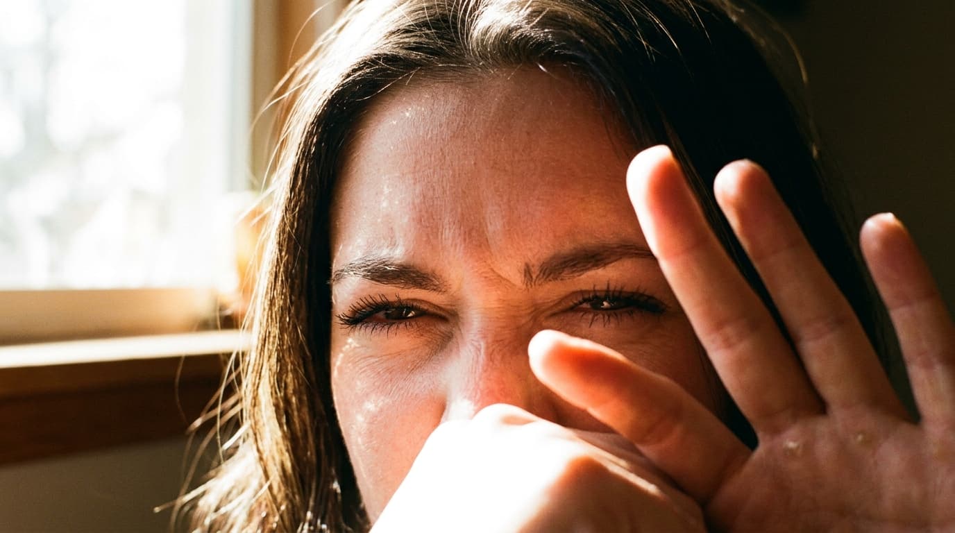 Close-up of a person squinting against bright sunlight streaming through a window, showing light sensitivity