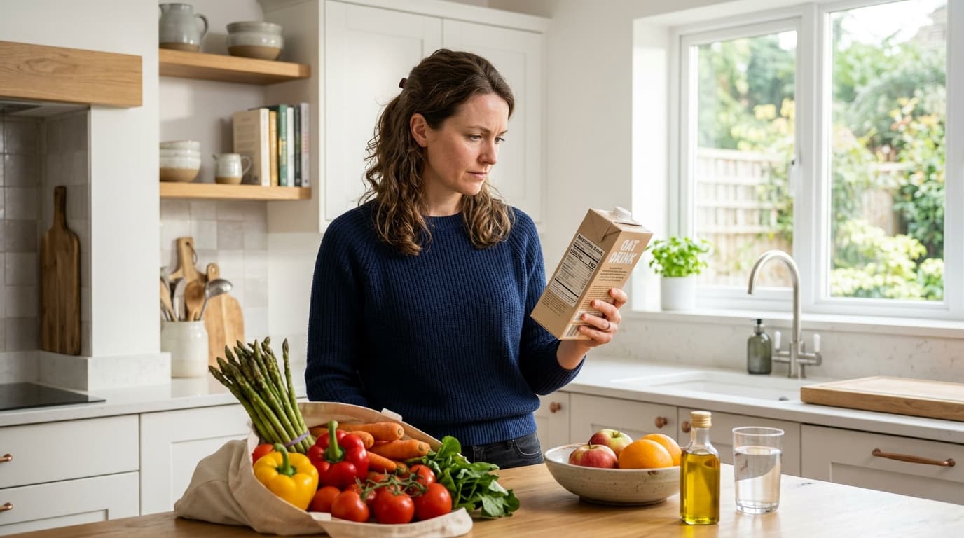 Woman in a bright kitchen reading a food label to check for migraine trigger ingredients
