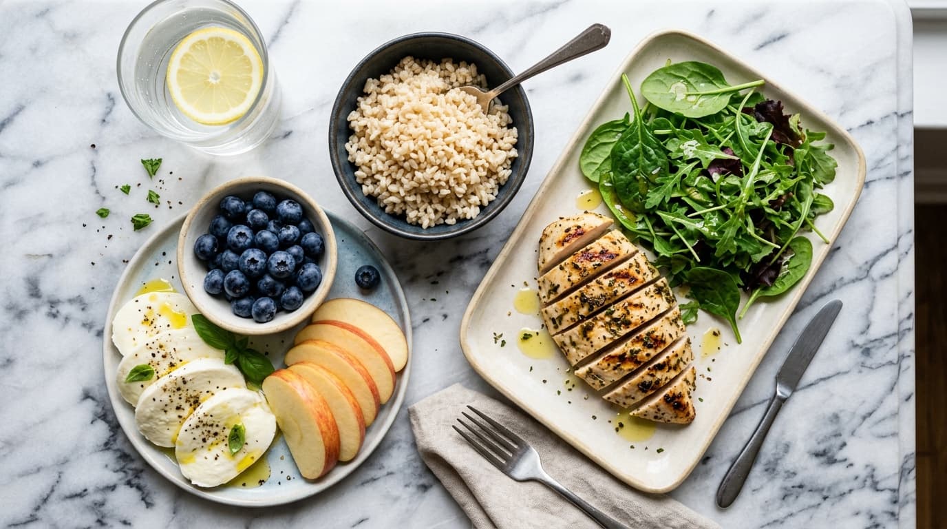 Overhead flat lay of migraine-safe foods — grilled chicken, blueberries, quinoa, leafy greens, apple slices, and lemon water on marble