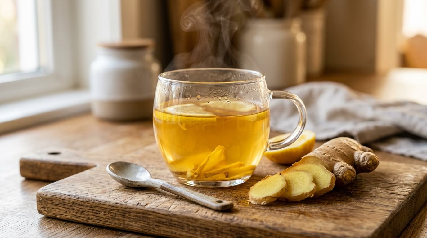 Close-up of a glass cup of golden ginger tea with fresh ginger root slices on a wooden cutting board