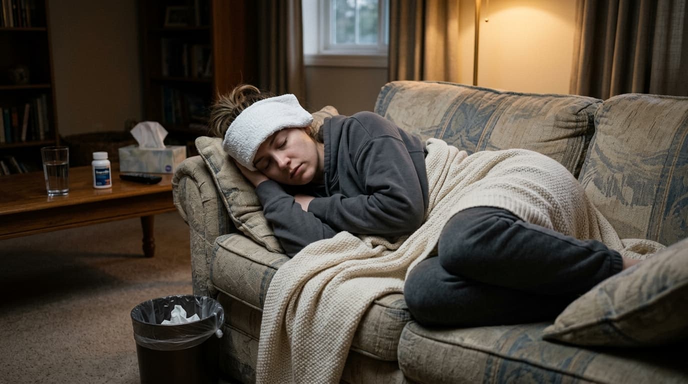 Woman lying on a couch with a damp cloth on her forehead, resting through nausea and headache