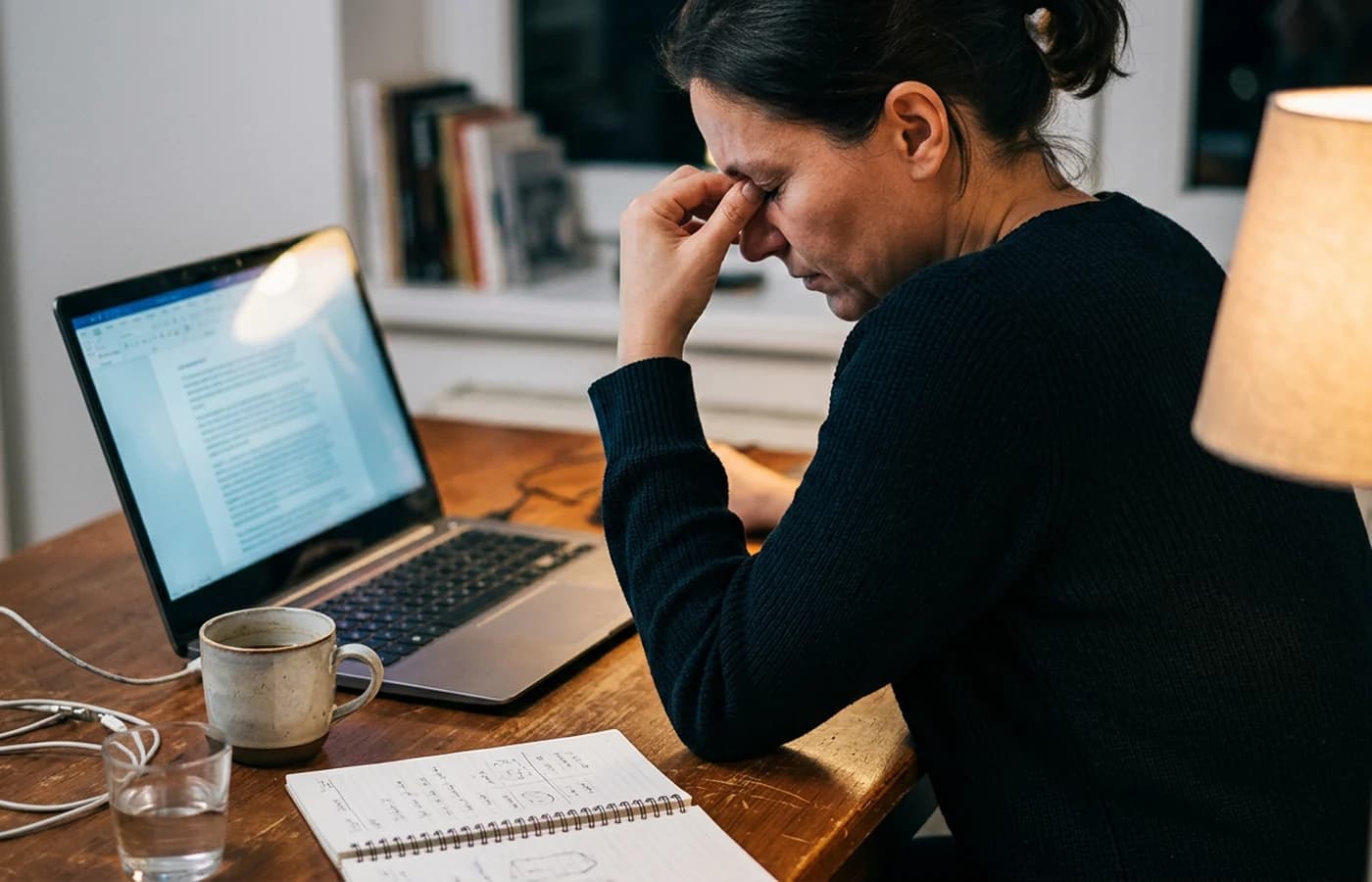 Person rubbing tired eyes at a laptop in a dim home office after long screen use