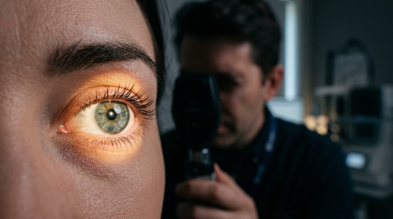 Close-up of an eye being examined with an ophthalmoscope light during an eye exam
