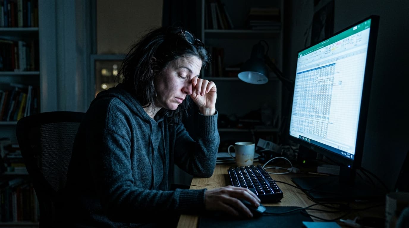 Person rubbing their eyes at a computer workstation at night with blue screen light illuminating their face
