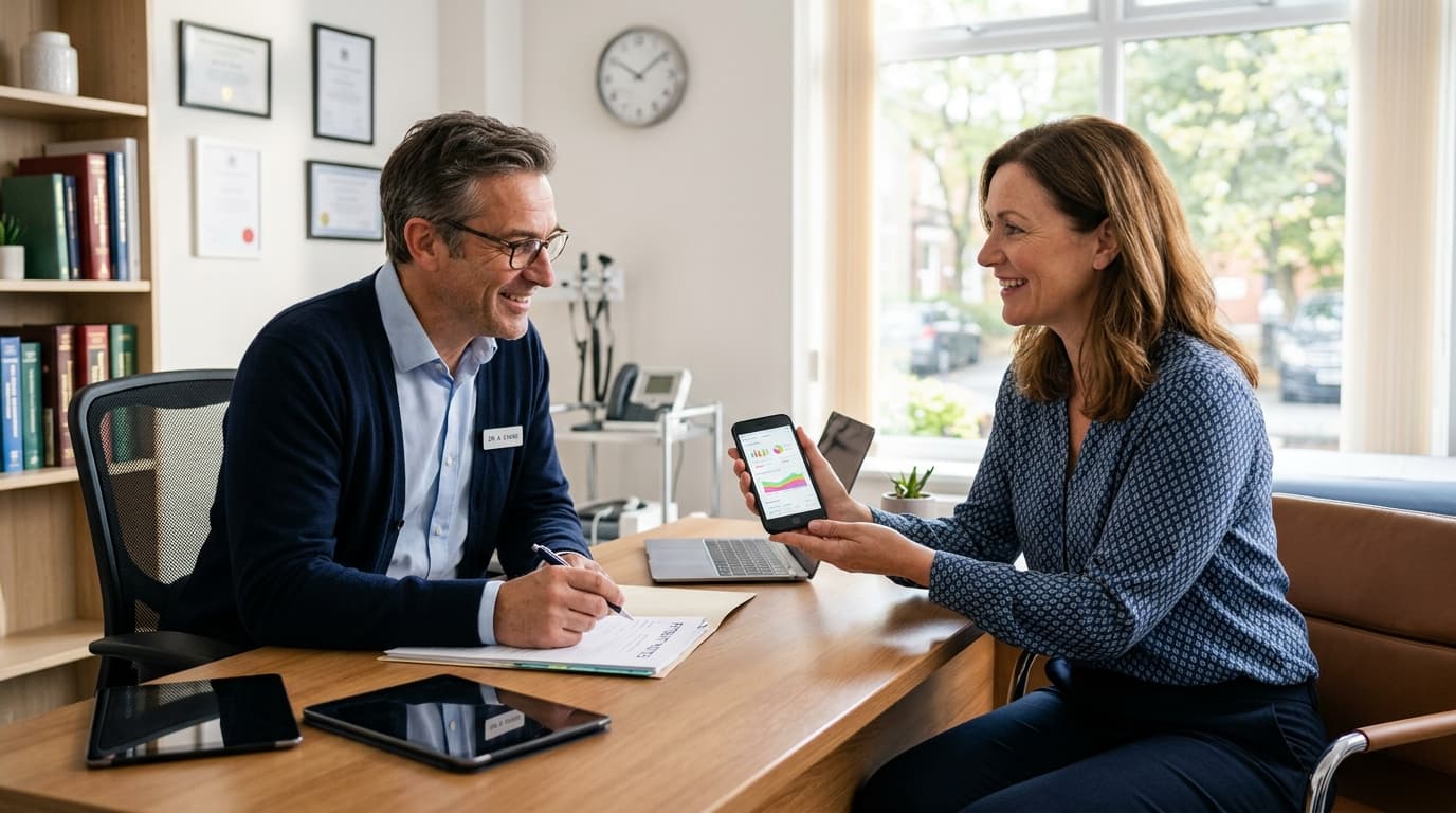 Woman showing her phone with health data to a doctor during a consultation