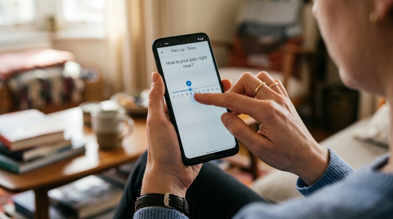 Close-up of a hand quickly logging a headache in a health app on a phone