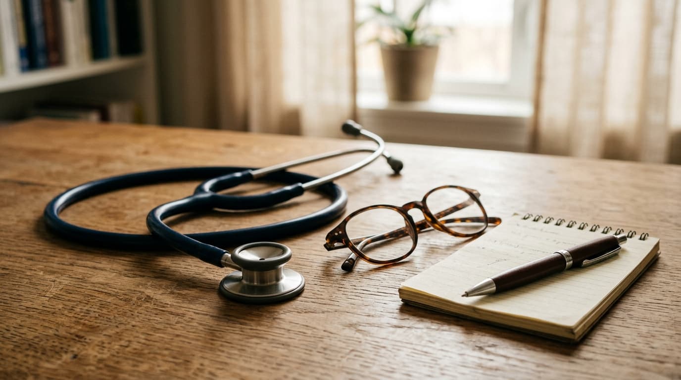 Stethoscope, reading glasses, and notepad on a wooden desk in warm natural light