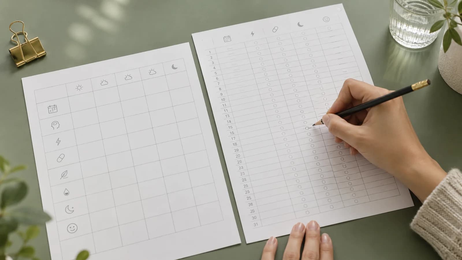 A person completing printed weekly and monthly headache tracking sheets