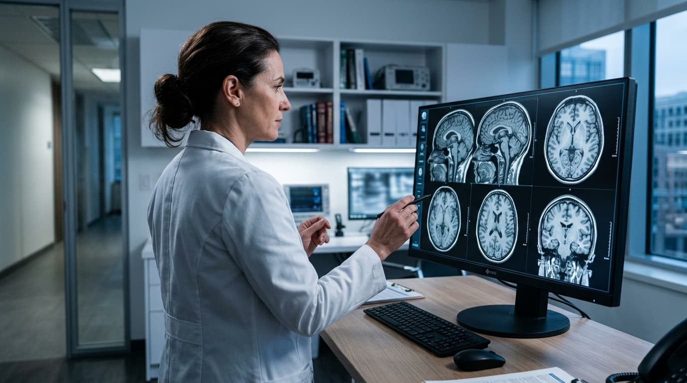 Neurologist reviewing brain MRI scans on a monitor in a modern medical office