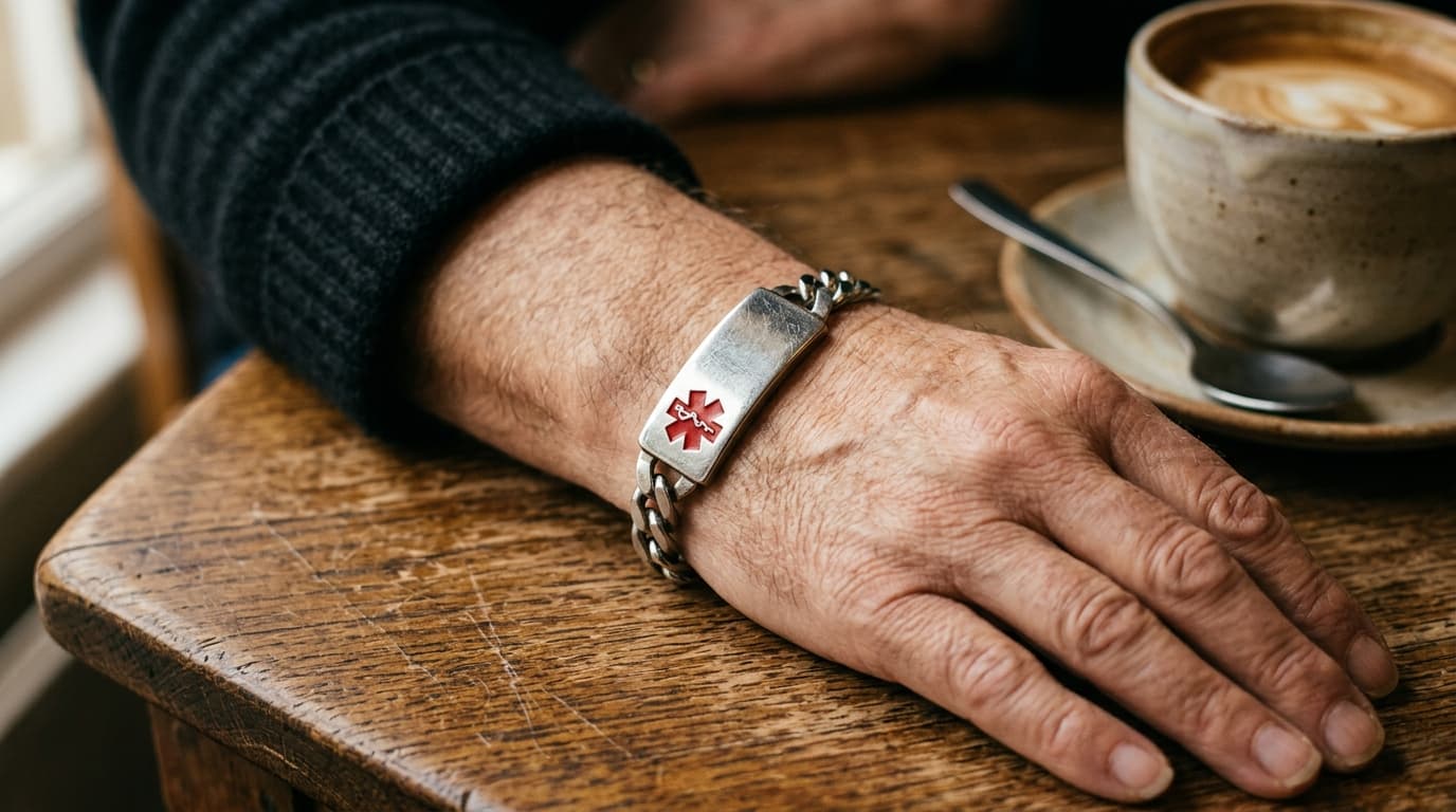 Close-up of a medical alert bracelet on a wrist resting on a wooden table next to a coffee cup