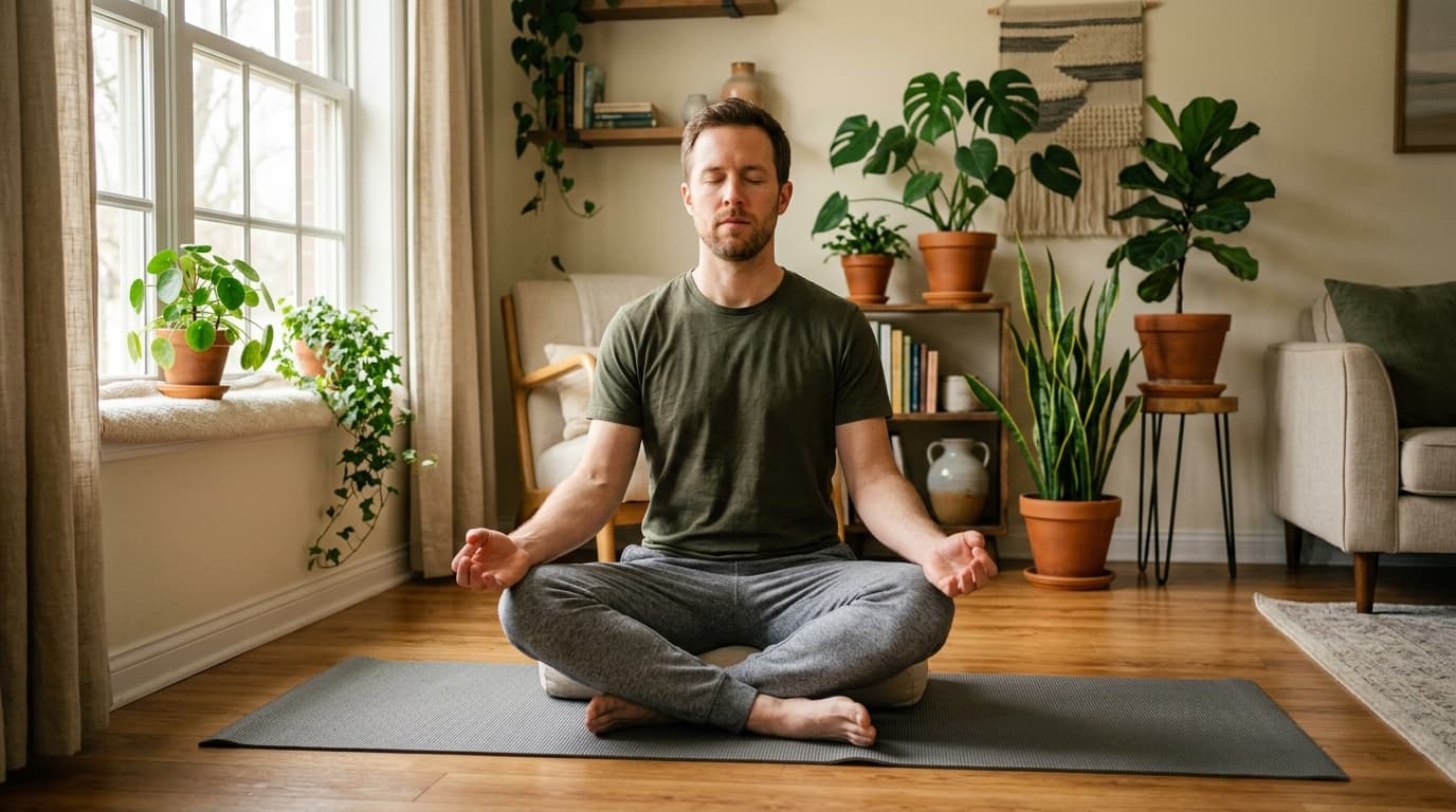Man sitting cross-legged on a yoga mat doing a breathing exercise for headache relief