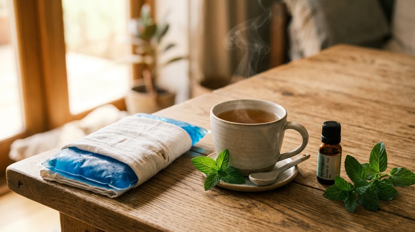 Ice pack wrapped in cloth, steaming herbal tea, and peppermint essential oil on a wooden table — natural headache remedies