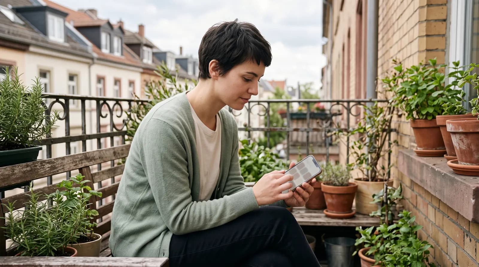 Frau mit kurzen dunklen Haaren sitzt auf einem Balkon zwischen Kräutertöpfen und schaut auf ihr Smartphone