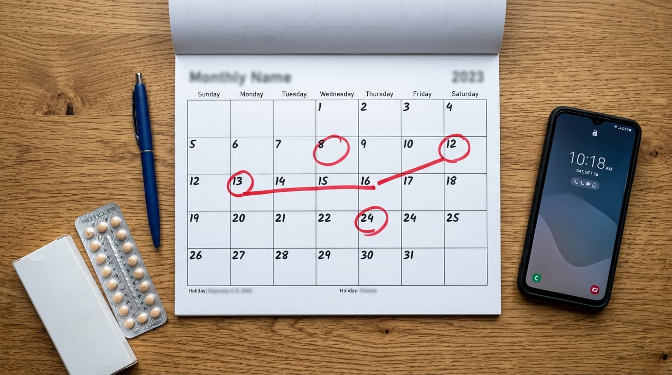 Overhead flat lay of a calendar with days circled in red, birth control pills, pen, and phone on a wooden desk