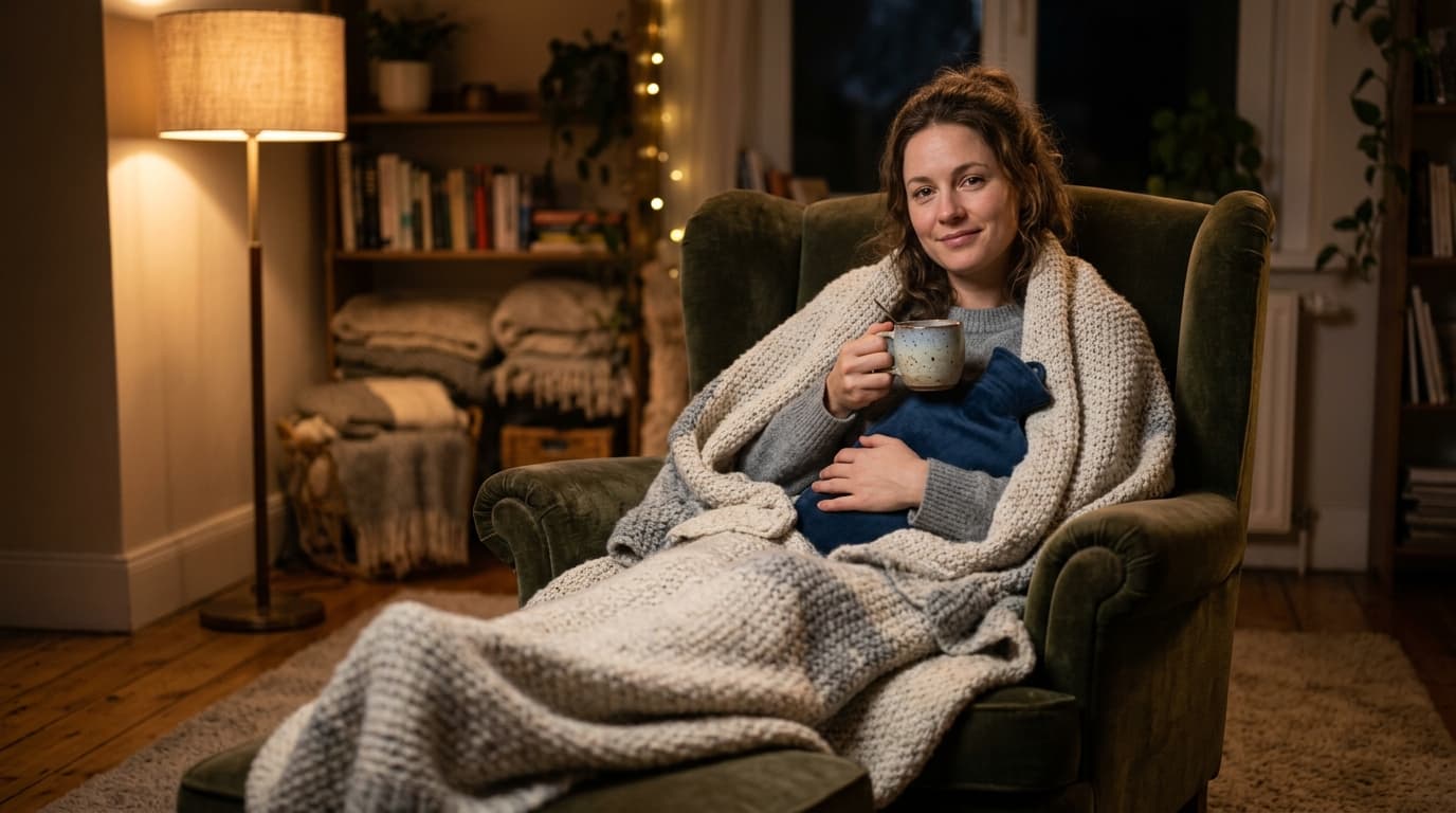 Woman sitting in a cozy armchair with a blanket, hot water bottle, and tea — menstrual migraine self-care