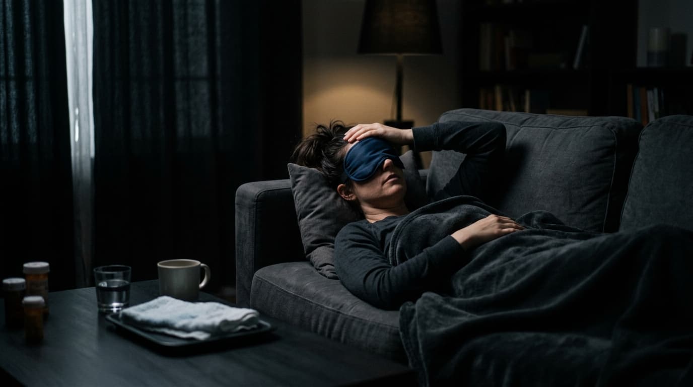 Woman lying on a dark couch with an eye mask, retreating from sensory stimulation during a migraine