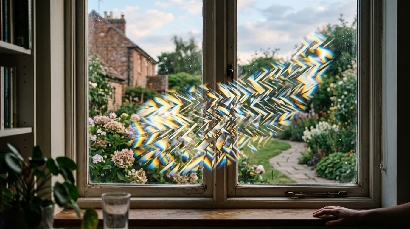 Artistic representation of migraine visual aura — a view through a window with shimmering prismatic zigzag distortion