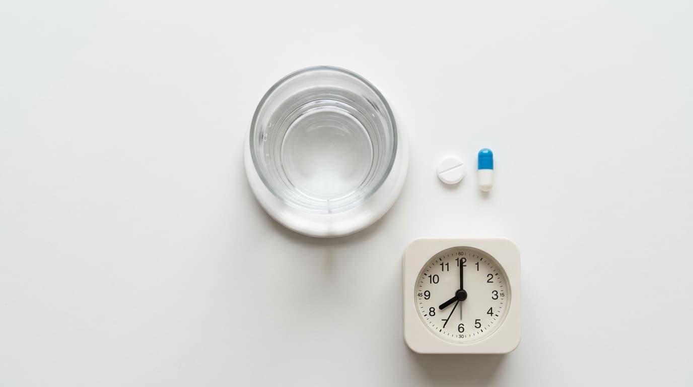 Migraine medication tablets and a glass of water on a clean white surface with a small timer