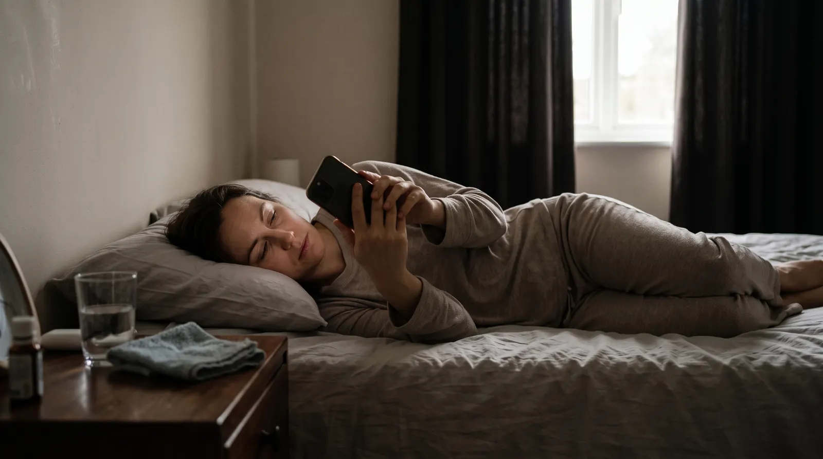Eine Frau liegt seitlich in einem abgedunkelten Schlafzimmer und hält ein gedimmtes Smartphone nah vor sich, auf dem Nachttisch stehen Wasser und ein gefaltetes Tuch