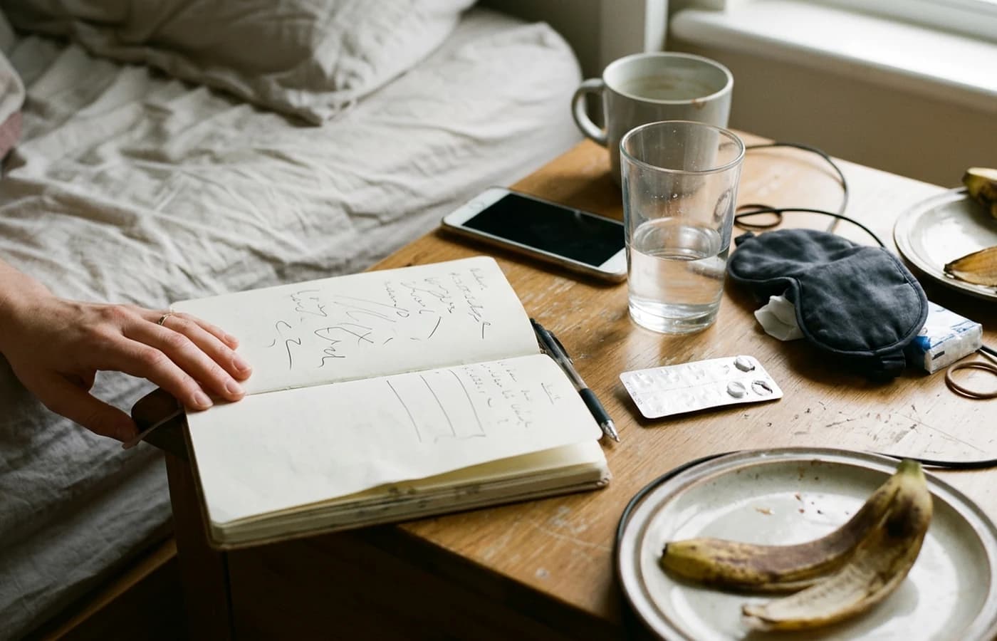 Notebook and phone on a bedside table used to track migraine recovery symptoms and medication timing