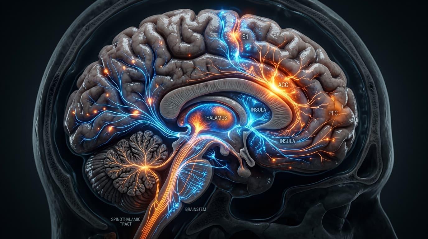 Human brain with glowing neural pathways showing active pain processing regions — migraine neuroscience visualization