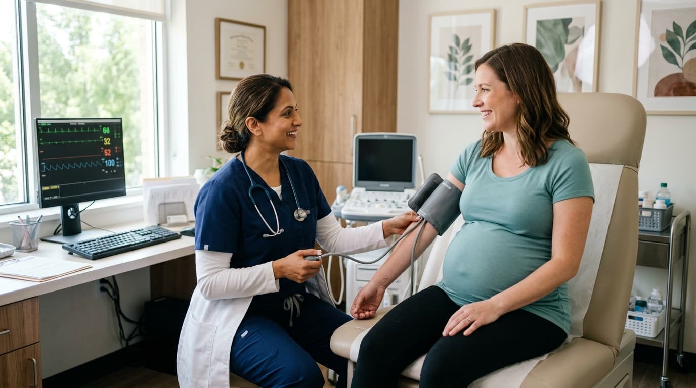 Pregnant woman at a prenatal appointment having her blood pressure checked by an OB-GYN