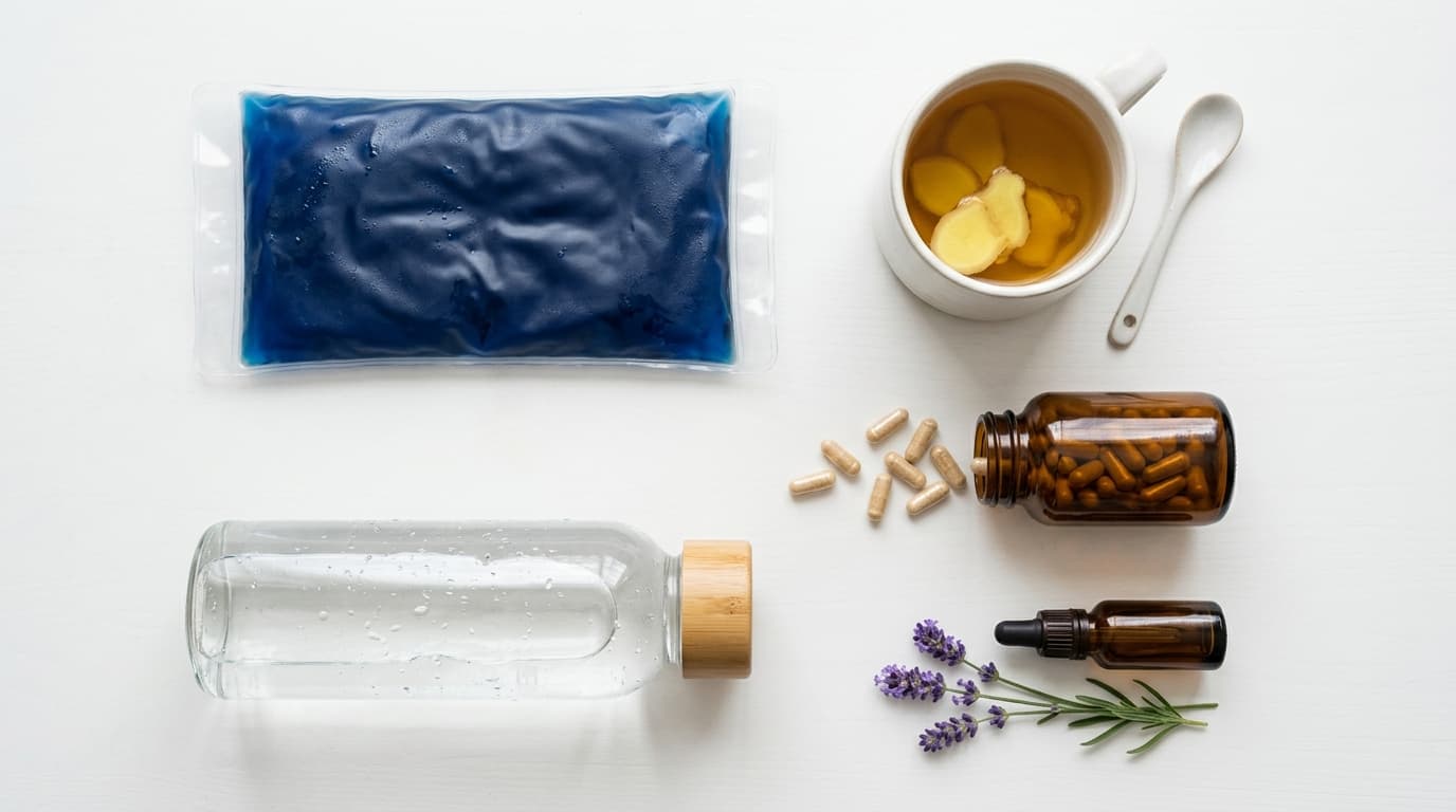 Flat lay of pregnancy-safe headache remedies — cold compress, ginger tea, prenatal vitamins, water bottle, and lavender oil