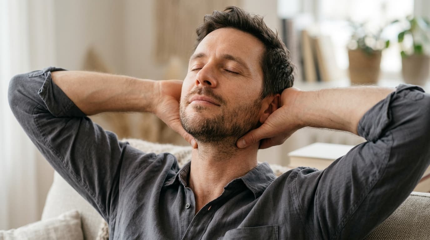 Man pressing the GB-20 pressure points at the base of his skull with his thumbs for headache relief