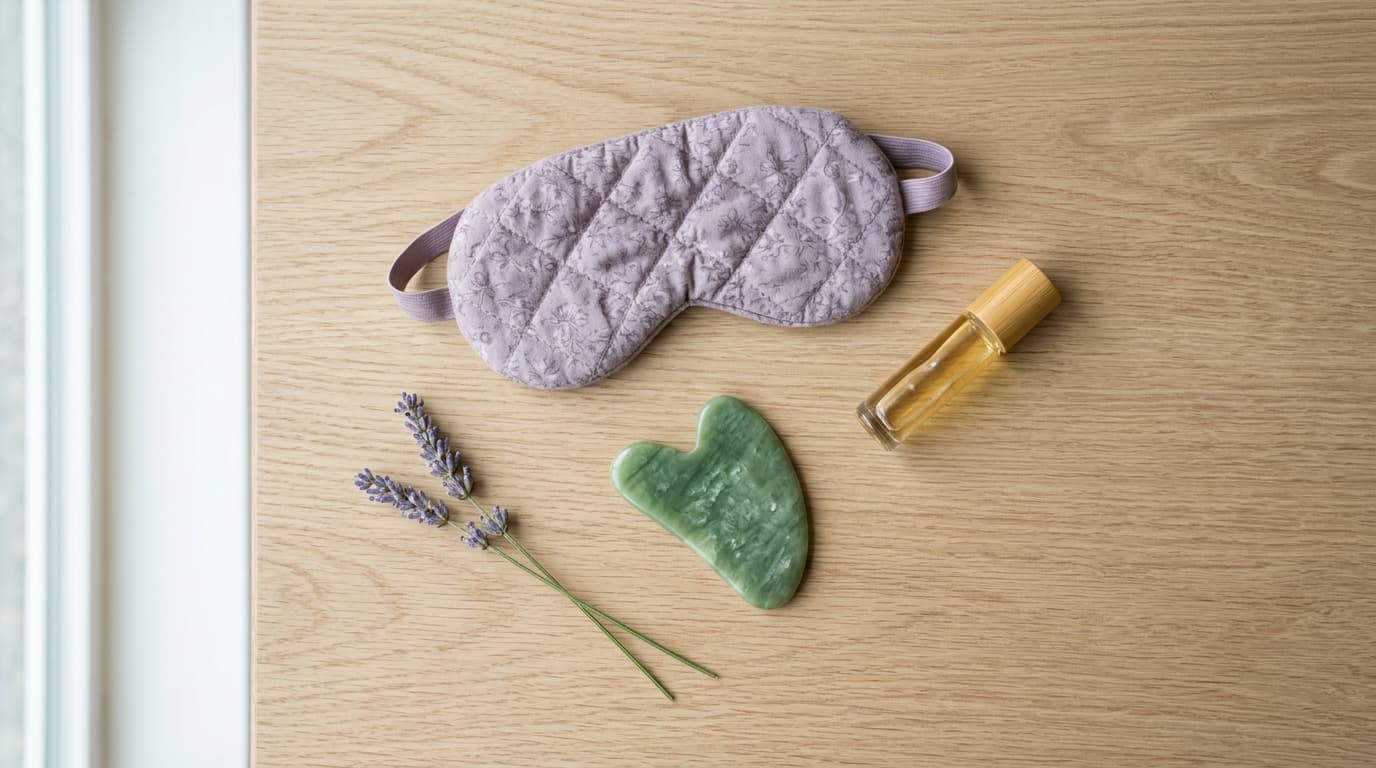 Flat lay of headache self-care items — eye mask, gua sha stone, essential oil roller, and lavender sprig