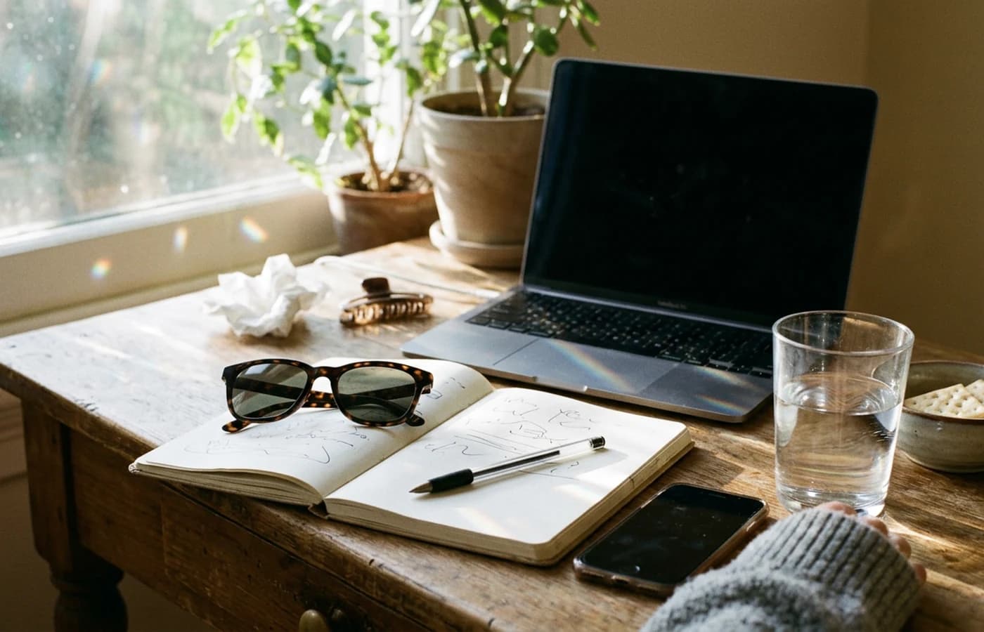 Notebook, phone, and sunglasses on a desk used to record visual aura symptoms without headache