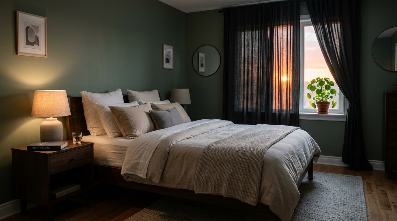 Calm, cozy bedroom at dusk with neatly made bed, blackout curtains, and warm sunset light — optimized for sleep