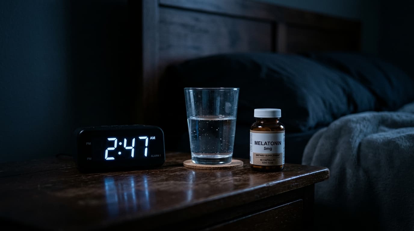 Nightstand with alarm clock showing 2:47 AM, a glass of water, and melatonin supplements in a dark bedroom