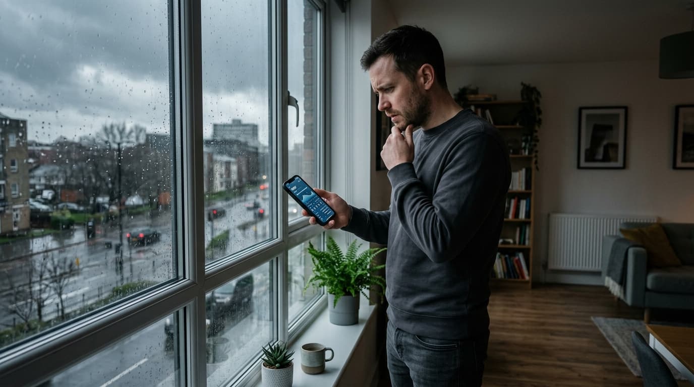 Man checking a weather app on his phone near a window with grey overcast skies outside