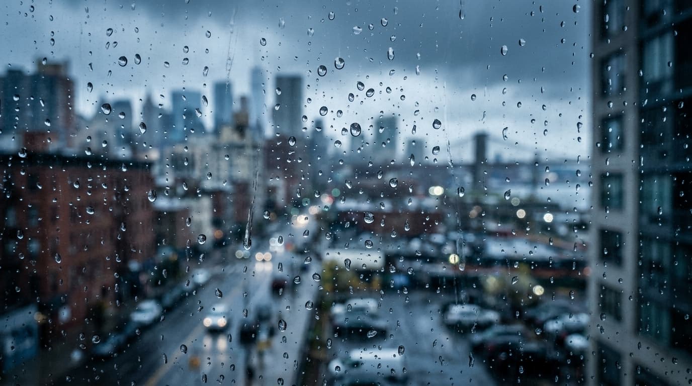 Close-up of raindrops on a window pane with a blurred rainy cityscape in the background