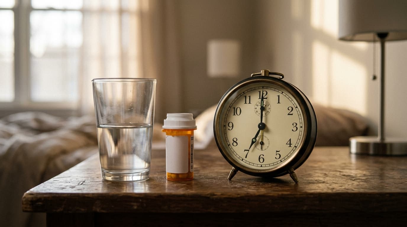 Glass of water, medication bottle, and alarm clock on a nightstand in soft morning light