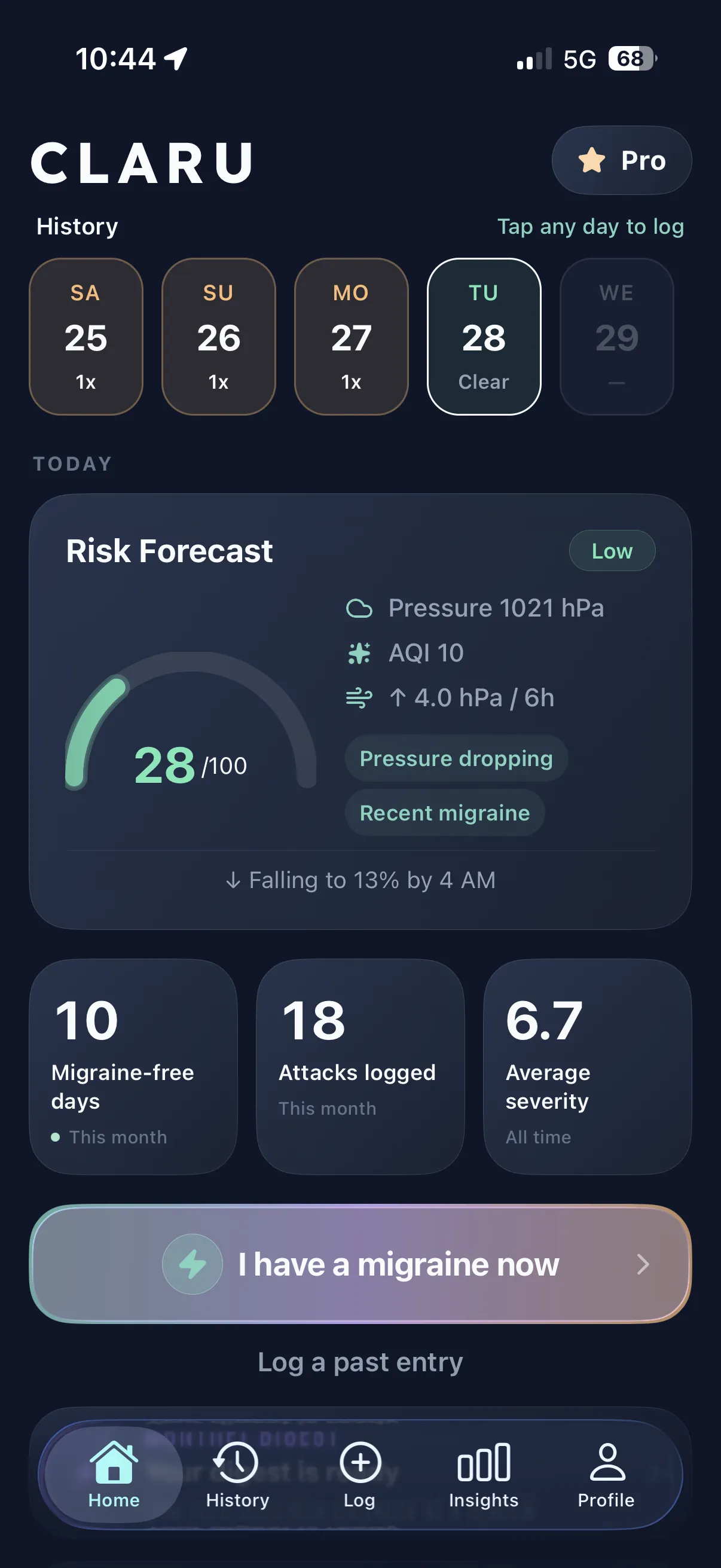 Claru app history screen with a risk forecast card showing pressure and air-quality context beside a migraine history