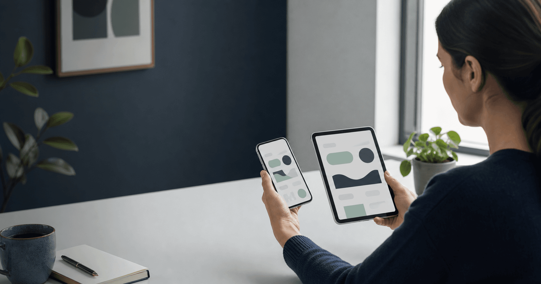 Person comparing unbranded migraine tracking apps on a phone and tablet