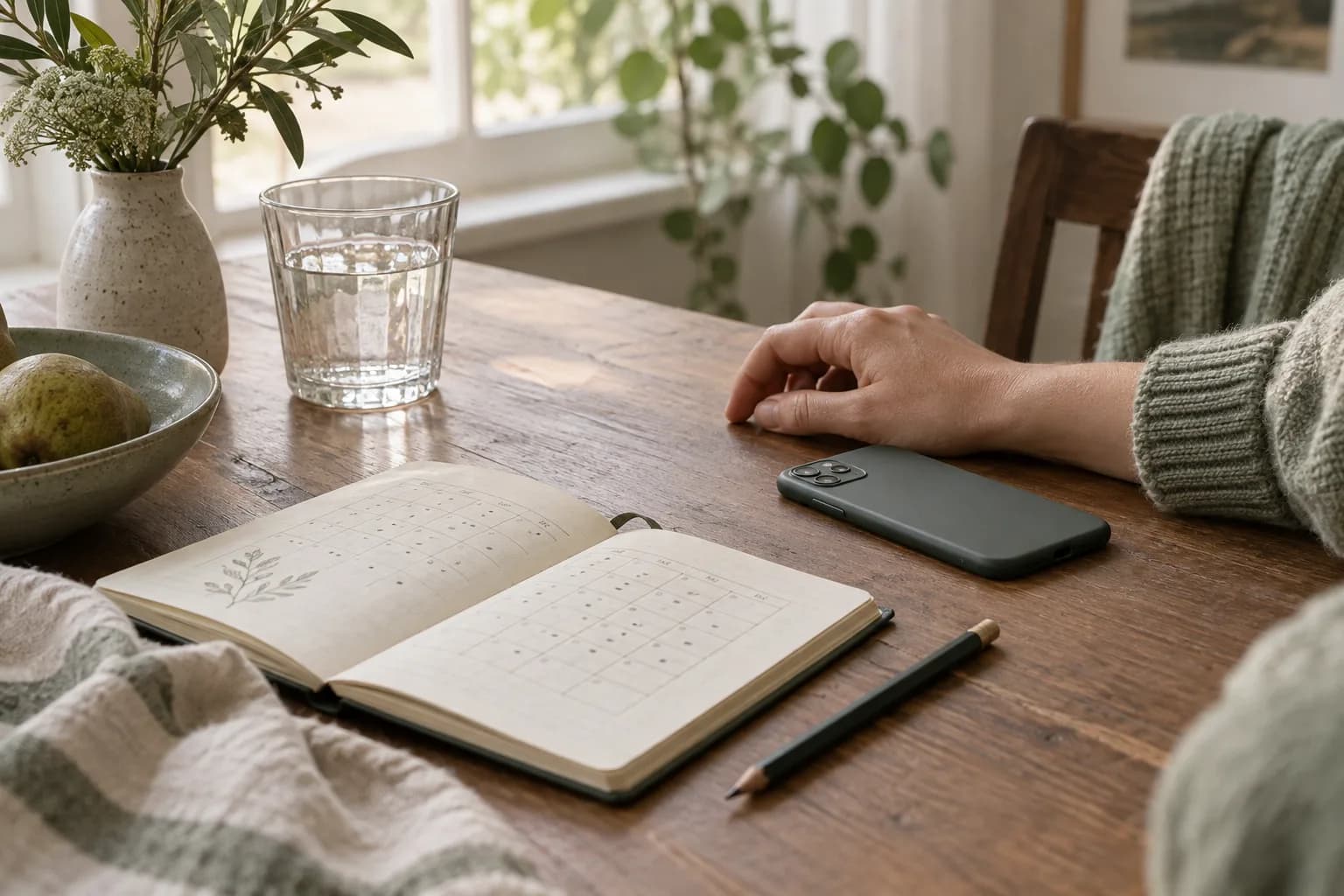 A phone beside an open diary, pencil, and glass of water on a softly lit table