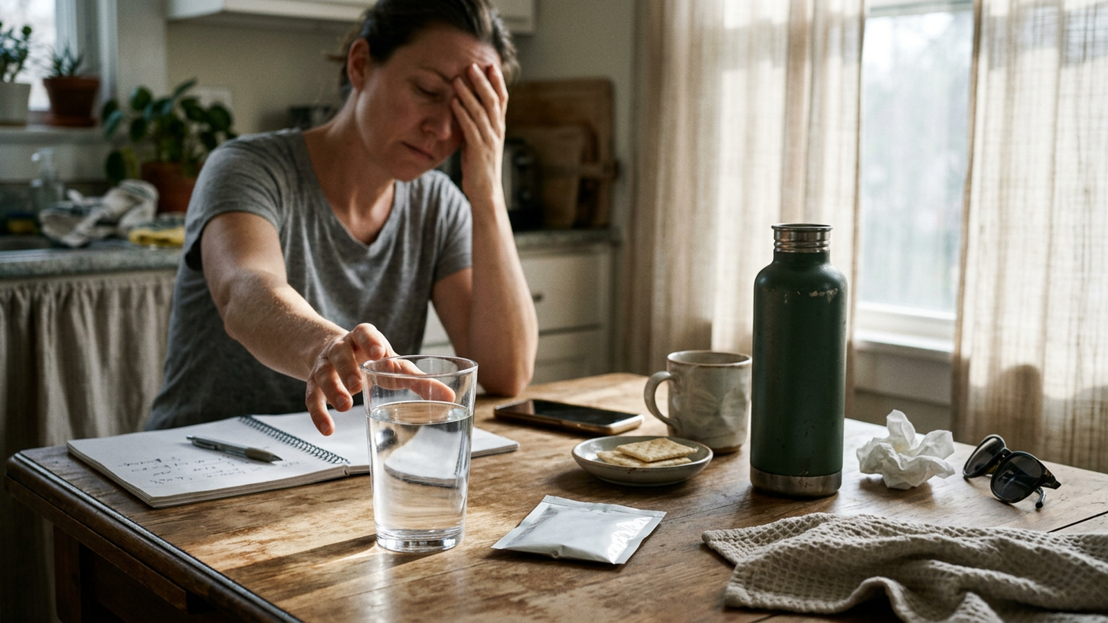 Glass of water, electrolyte packet, and headache tracking notebook on a sunlit bedside table