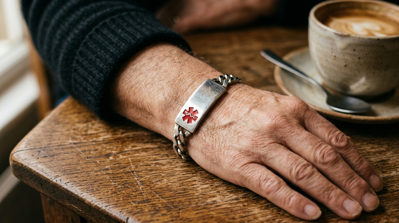 Close-up of a medical alert bracelet on a wrist resting on a wooden table next to a coffee cup