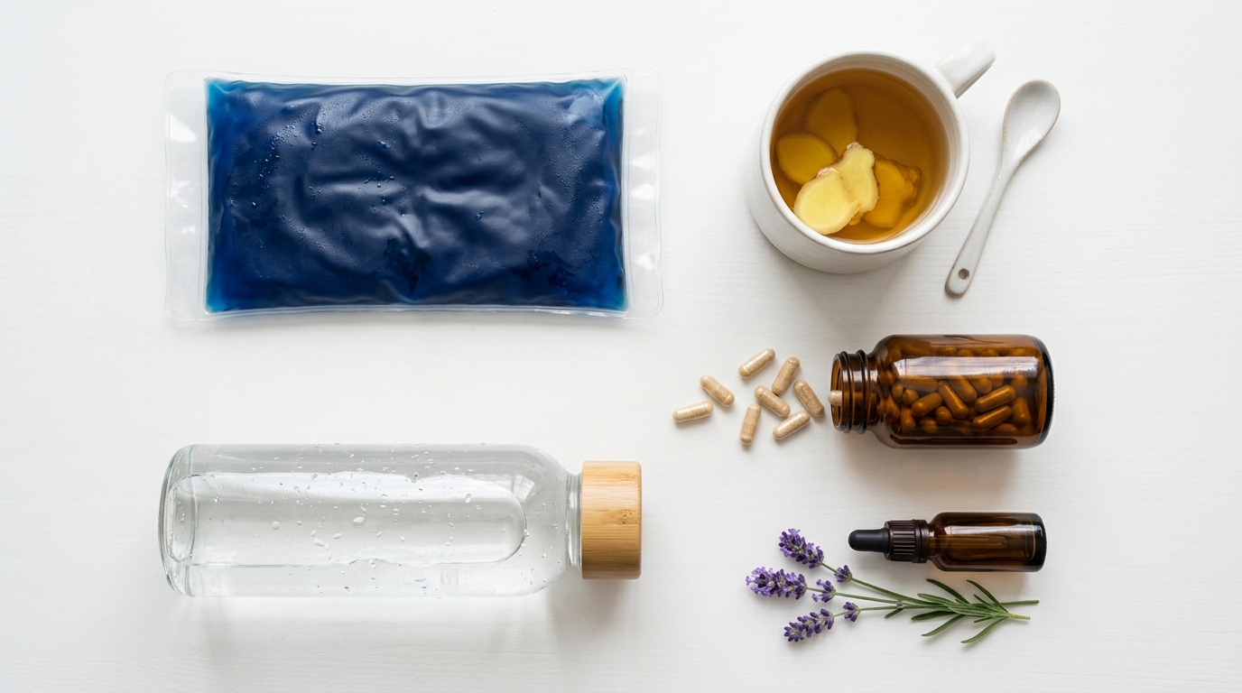 Flat lay of pregnancy-safe headache remedies — cold compress, ginger tea, prenatal vitamins, water bottle, and lavender oil