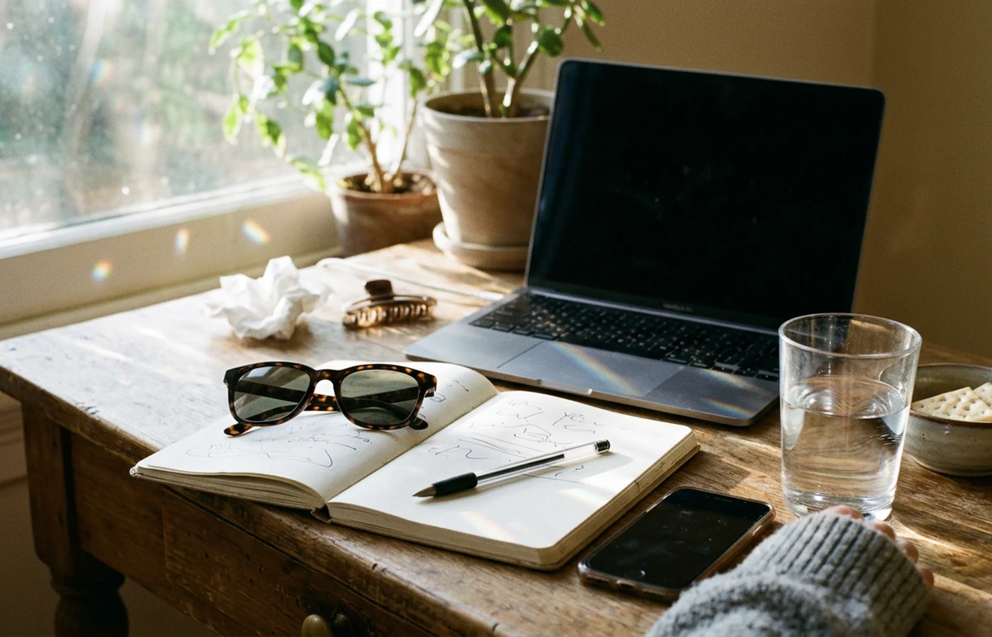 Notebook, phone, and sunglasses on a desk used to record visual aura symptoms without headache